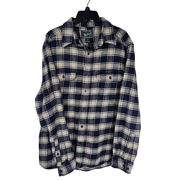 Woolrich Mens Cotton Flannel Shirt L Plaid Navy/Beige Long Sleeve Button-Up - Picture 1 of 7